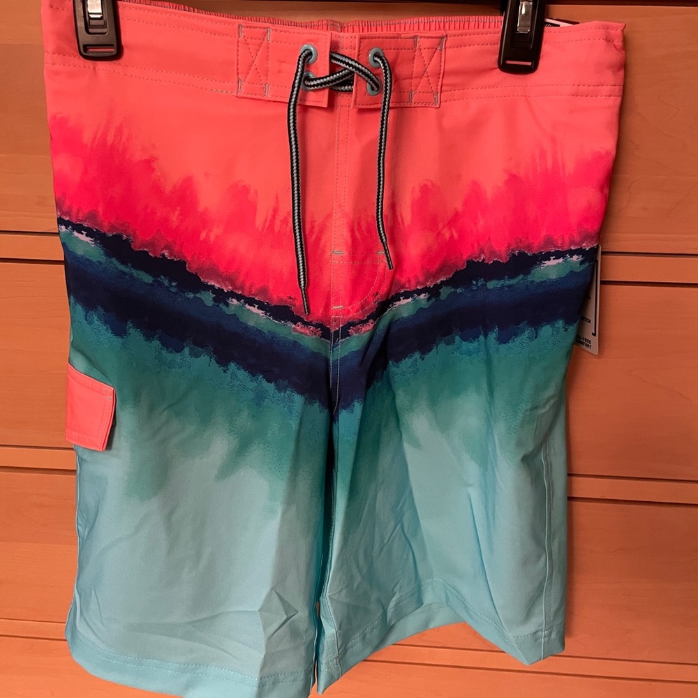 NWT swim trunks tie-dye with navy blue, turquoise and light orange.